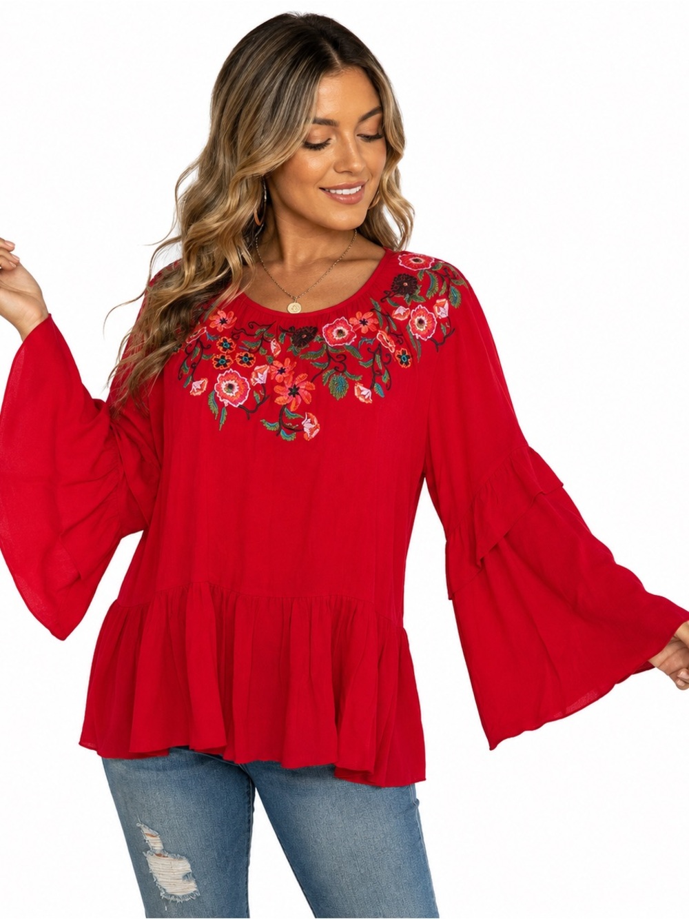 UMGEE Women’s Small Red Embroidered Peasant Boho Bell Sleeves & Tie Sides NWT